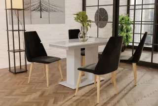 Essgruppe Weiss HGL-Tisch mit 4 Schwarz CAROS Stühlen für Esszimmer oder Küche