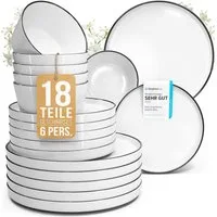 PURE LIVING INTERIOR DESIGN Geschirr-Set Pure Living »Scandi« (18-tlg), 6 Personen, Porzellan weiß, 6 Personen, Porzellan, Zeitloses skandinavisches Design, Eleganter schwarzer Rand, Minimalis…