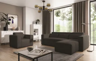Ecksofa Schlafsofa inkl. Sessel WALDO Stoff Brooklyn Schwarz-Hell Ottomane Re...