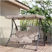 Outsunny Hollywoodschaukel mit Liegefunktion, verstellbar Sonnendach, Kissen, 3-Sitzer, Liegefunktion, 3-Sitzer Gartenschaukel, 1 tlg., 2 in 1 Schaukelbank, belast bis 340kg, für Garten Terrasse 200x 125 x 170 cm Beige
