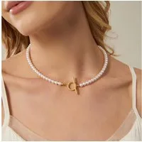 MOPUEA Perlenkette Perlen Halskette Damen aus Süßwasserperlen 45 cm (Set, 1-tlg., Elegante Perlenkette in Goldoptik mit klassischem Design), Halskette für Frauen, Schmuckgeschenke, Perl