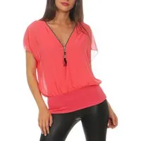 malito more than fashion Chiffonbluse malito Damen kurzarm Bluse im Fledermaus Look, Tunika mit Zipper, Kurzarm Bluse