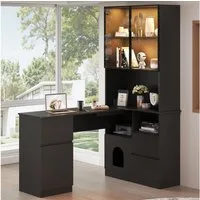 Flieks Eckschreibtisch 2-in-1 Hochschrank mit LED und Glastüren & L-förmig Arbeitstisch (1-St., Tischmaße: 120x45x76 cm, Schrankmaße: 80x30x180 cm), Regal-Schreibtisch Computertisch inkl. Glasvitrine/Bücherregal Schwarz