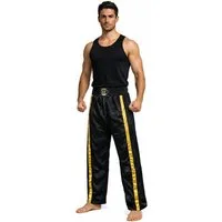 BAY-Sports Sporthose Kickboxhose NETZ-MESH Mesh Netzeinsatz Hose lang Kickboxen Kampfsport lange, leichte, locker sitzende Trainingshose, Schwarz/Gold