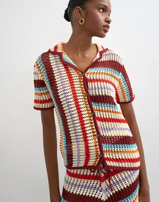 TOPSHOP - TSGERDI SS CROCHET STRIPED KNIT SHIRT Burgundy - Gr. - XS