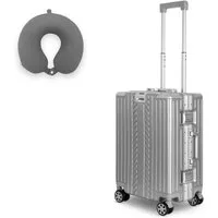 WINLIFE Trolley Hartschalen-Koffer Alu-Rahmen Silber Trolley M, L, XL + Nackenkissen, 4 Doppelrollen Rollen, ABS+PC-Hartschale, TSA-Zahlenschloss, 360°-Doppelrollen