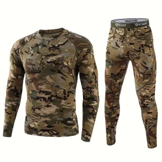 TENGOO Men's Camouflage Thermal Underwear Set,Long Sleeve Top Pant Sports Warm Suit, Crew Neck, High Stretch Knit Fabric