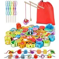 POPOLIC Lernspielzeug 2 in 1 Fädelspiel Montessori Spielzeug (46 Psc Magnetisches Angelspiel Spiele ab 2 3 Jahre - Obst GemüSe Tiere Holzspielzeug, 1-St), Lernspiele Motorikspielzeug Geschenk für Kinder