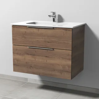 Sanipa 3way Keramik-Set Design Keramik-Waschtisch und Unterbau mit 2 Auszügen, Eiche-Tabak UM48050