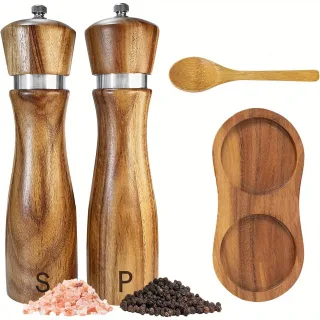 IPRee 2pcs/pack Wooden Salt And Pepper Grinder Set Solid Acacia Wood Crafted Adjustable Coarseness Manual Grinder with M