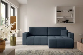 Ecksofa Sofa mit Schlaffunktion AUGUSTO in Stoff Wind Dunkelblau Ottomane Rechts