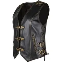MDM Lederweste Schnallen Damen Lederweste Schwarz Braun Retro Look Bikerweste Damen Lederkutte mit Messing-Karabinern