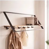 FINEBUY Wandgarderobe FB112985 Akazie Massivholz 100cm Garderobe Industrial Design (Stilvolle Kombination aus Holz und Metall), Praktische Ablage mit Haken