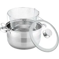 4BIG.fun Kochtopf Frittiertopf 6,5 L Edelstahl Induktion Pommestopf, Gusseisen (mit Nudelsieb und Glasdeckel)