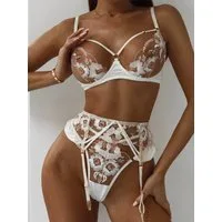 Elegant Love Set: Bügel-BH Besticktes Tüll-Dessous-Set – sexy Lingerie-Set mit floraler Stickerei (Straps-Set, 3-tlg., BH + High-Waist Strapsgürtel/Strumpfhalter + String) Reizwäsche mit Strapsen – Damenunterwäsche für besondere Anlässe