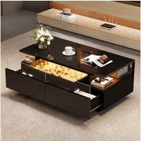KLAM HOME Couchtisch 90x45x35.5 cm Couchtisch mit Tablett, Sofatisch mit 2 Schubladen (Hochglanz-Couchtisch fürs Wohnzimmer, kaffeetisch mit LED-Licht), Tragender Beistelltisch aus gehärtetem Glas