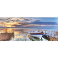 artissimo Glasbild XXL Bild aus Glas 125x50 cm / Panorama Wandbild groß / Wanddeko modern, Landschaft und Natur: Boot am Steg bei Sonnenuntergang
