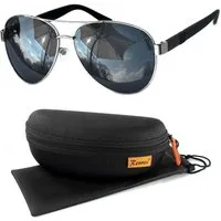 Rennec Sonnenbrille (Piloten Sonnenbrille Polarisiert Herren Damen XL Groß Brillenbox, Gestell in Silber und Gläser in Schwarz) Pilotenbrille Getönt UV400 Polarisierte Linsen sportliche Brillenbügel