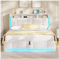 MSMASK Polsterbett 140×200cm, Doppelbett mit Steckdosen & LED Beleuchtung, Beige, mit Stauraum und Kopfteil, Ohne Matratze