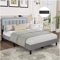 oyajia Polsterbett Polsterbett Doppelbett mit USB+Type C und LED-Beleuchtung (Jugendbett, Bettgestell), 90/140x 200 cm,Gepolstert,Kunstleder,mit Kopfteil und Lamellen