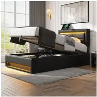 Flieks Polsterbett, LED Einzelbett 90x190cm mit USB-Anschluss und hydraulischem Stauraum