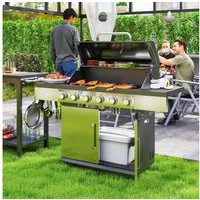 Outsunny Gasgrill BBQ Gartengrill mit 6 Edelstahl-Brenner und Rolle, Gartengrill aus Edelstahl, 2,49 kW Grillwagen, für Balkon, Camping-Grill 143 x 55 x 110 cm
