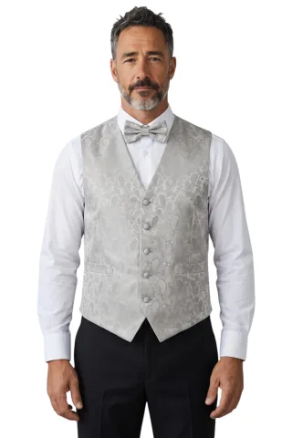 Graues Herren-Set mit Paisley-Blumenmuster, 3-teilig: Weste, Fliege und Einstecktuch - Robert