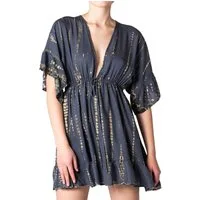 PANASIAM Tunikakleid kurzes Sommerkleid aus natürlicher Viskose mit V Ausschnitt Boho-Kleid Damen Strandkleid Minidress mit Volants Ethno Beach Dress Tunikakleid