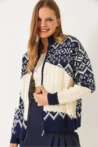 Geometrisches Muster Reißverschlusskragen-Cardigan