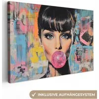 OneMillionCanvasses® Leinwandbild Kaugummi - Frau - Pinselstriche - Modern, Fotodruck (1 St), Leinwand Bilder Klein, Wand Dekoration Aesthetic 30x20 cm
