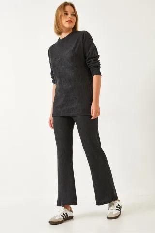 Rippstrukturierter Rundhals-Pullover und Hosen-Set