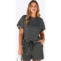 Imily Bela Hausanzug Damen Sommer 2-teiliges Set Casual Lounge (Set, 1 tlg., 2er-Pack, gestreiftes T-Shirt+Shorts mit Kordelzug) gestreift mit Kordelzug und innenliegendem Gummizug