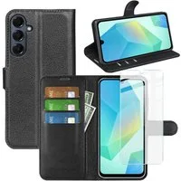 Wigento Smartphone-Hülle + 9H Schutzglas für Samsung Galaxy A17 5G / 4G Kunstleder Schwarz, Produktset Kunst-Leder Tasche + H9 Hart Glas