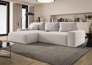 Ecksofa Schlafsofa Sofa WALKEN Stoff Poso Altweiß Ottomane Links