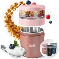 Lebenlang Aufbewahrungsbecher Müslibecher, Isolierende Edelstahlinnenwand, ToGo mit Löffel & 650ml, Edelstahl/Kunststoff, (500ml Becher, 150ml Aufsatz, Drehvershluss, faltbarer Löffel), Auslaufsicher & Perfekt für Schule, Kita, Büro oder Uni