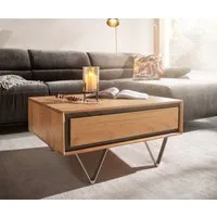 DELIFE Couchtisch Stonegrace, Akazie Natur 80x60 cm 2 Schubladen Steinfurnier Couchtisch