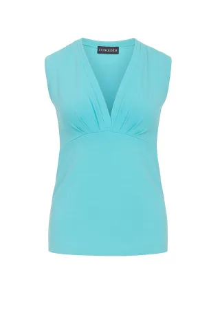 Aquamarines ärmelloses Jersey-Top mit V-Ausschnitt – Stretch-Baumwollmischgewebe