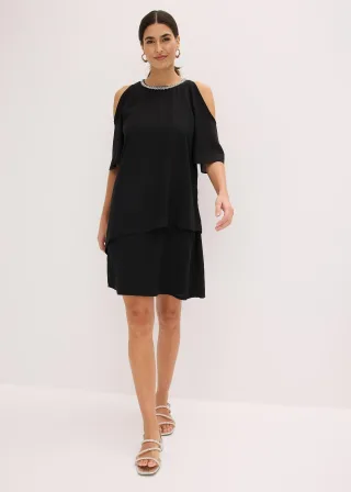 bonprix Blusenkleid, schwarz, Gr.40, Elegantes Blusenkleid aus feinem Chiffon mit Mehrlagen-Look und Strassapplikation am Ausschnitt
