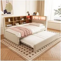 Merax Daybett 90x200cm mit Ausziehbett 90x190cm, Polsterbett Schlafsofa Tagesbett mit LED, Steckdosen und Ablagefächern