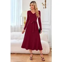 Arach&Cloz Strickkleid Damen Pulloverkleid Herbst Winterkleid Lang Plissee V-Ausschnitt Langarm Elegant Midi Kleider Winter