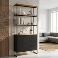 FINEBUY Bücherregal FB116813 Standregal 180cm Stauraumregal Mehrzweckregal Eiche Dekor, Großes Regal im angesagten Industrial-Look, Viel Stauraum dank Schubladen und Türfächern