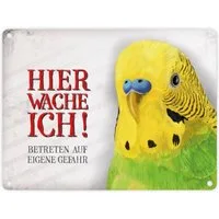 speecheese Metallschild Metallschild mit Wellensittich Motiv und Spruch: Betreten auf eigene