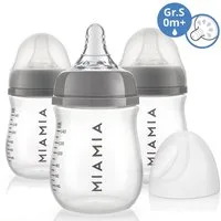 MiaMia Babyflasche PP-Flasche - Grau, 3er Pack Babyflasche 140 ml + Silikon-Trinksauger Größe S