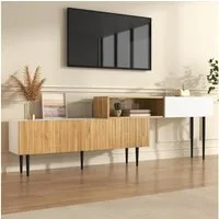 Merax Lowboard mit schwarzen Metallbeinen, in Holzoptik & Weiß (1 St., 120+120x30x63,5cm), TV-Schrank mit 2 Klapptüren, verdeckten Staufächern & offenen Regalen