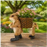 Online-Fuchs Gartenfigur für außen - 2 Hasen, Kaninchen mit Blumentopf - 24 cm groß, (wetterfest), Dekoration für Garten, Terrasse und Balkon