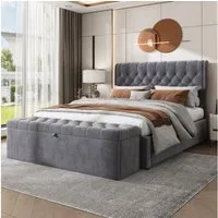 Odikalo Stauraumbett Polsterbett mit Stauraum 140/180x200 cm (Linen Doppelbett mit hydraulischem Lattenrost & gepolstertem Kopfteil in Chesterfield-Optik, Grau/WeiB, ohne Matratze)