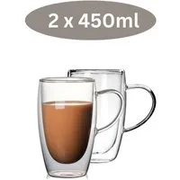 Cheffinger Thermoglas 2er Set Doppelwandige Gläser mit Henkel Teegläser Thermogläser