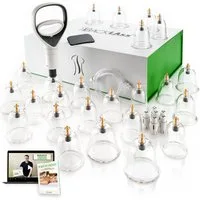 BACKLAxx® Vakuum-Massager Schröpfgläser Set mit Vakuumpumpe - Hochwertiges Schröpfset, 24x Glocken, 6x Therapiemagnete, 1x Vakuumpumpe, 1x Faszienschaber, 1x Schlauch, 1x Mikrofasertuch 24-tlg., Cupping Set, Dickwandige Gläser - inkl. Videokurs & E-B