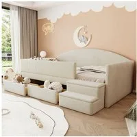 Flieks Polsterbett, Kinderbett Einzelbett 90x190cm mit 2 Schubladen Treppe Rausfallschutz