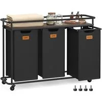 VASAGLE Wäschekorb Wäschetrenner mit Rädern, beweglicher Wäschewagen mit Ablage, Wäschekorb 3 Fächer, 150 L, abnehmbare Taschen, 6 Etiketten